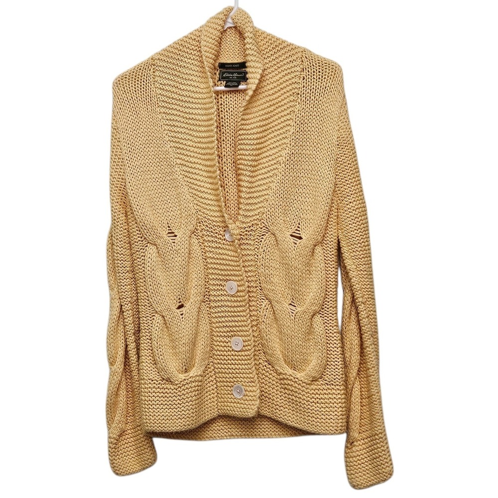 Eddie Bauer Hand Knit Wool Butter Yellow Cable Knit Cardigan Sweater M Fisherman